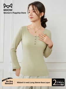 Miiow | Womens Long Sleeve Base Layer Shirt With Chest Pad Early Autumn Knitted Ribbed Top Casual Loose Fit Cotton Blend T-Shirt