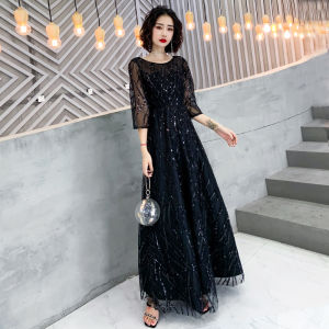 ชุดราตรีสีดำหรูหรา ทรงเข้ารูป แขนยาว กระโปรงยาวคลุมเข่า สำหรับผู้หญิง ชุดราตรีสุดสง่างาม ชุดราตรีสุดสง่างาม