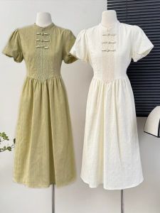 New Summer Chinese Style Embroidered Bubble Sleeve A-Line Dress Mint Wave Stand Collar Traditional Button Midi Dress Women