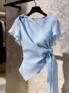 Flattering Tie-waist Blue Bell-sleeve Top for Women