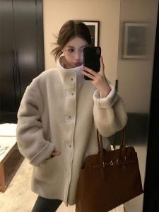 Korean Style Double-Sided Wear Loose Lamb Fur Collar Jacket Womens Eco-Friendly Outerwear Long Sleeve Mid-Length Coat