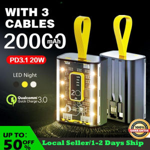 20000mah Transparent Powerbank Built-in 3 Cables Mini Power Bank Large-Capacity PowerBank Fast Charging Dual USB