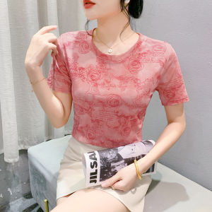 YIMEI European station mesh T-shirt womens printed age reducing short sleeved round neck top 2025 new plus size elastic shirt