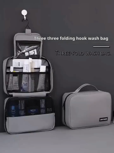 Travel Toiletry Bag with Metal Hook | 3-Fold Dry Wet Separation Waterproof Collapsible Organizer for Gym & Trip