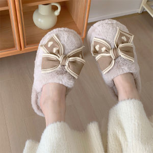 Winter New Style Furry Slippers Women Flat Bottom Anti-Slip Butterfly Knot Home Slippers Warm Sweet Style Velvet Upper