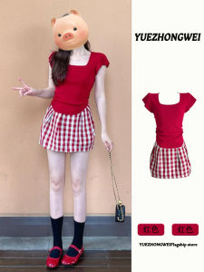 Red Square Collar Ice Silk Knitted Short Sleeve T-Shirt Womens Summer Slim Fit Unique Beautiful Small Top Pure Color Commute Style