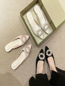 Summer 2025 Pointed Toe Flat Bottom Mule Slippers Diamond Encrusted Open Toe Outdoor Wearable Slip-On Shoes for Skirts
