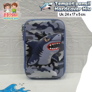 Tempat Pensil Shark Hiu Abu / Pencil Case Hiu / Kotak Pensil Motif Shark HardCover HardTop Anak Laki-Laki Model Seleting