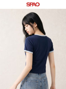 spao | New 2026 Blue Contrast Short Straight-Shoulder Slim Fit T-shirt