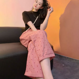 Pink Polka Dot Womens Summer Thin Wide Leg Pants Casual Nine Points Loose Lazy Style Trousers High Waist Straight Cut Loose Fit