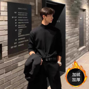 เสื้อสเวตเตอร์คอปกสูงบุขนแกะสีดำสำหรับผู้ชาย ทรงเข้ารูป หนา แฟชั่นเกาหลี ลำลอง สวมใส่สบาย เสื้อเชิ้ตถัก