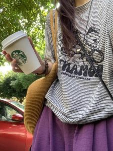 Áo Thun Tay Ngắn Mùa Hè Cho Nữ Dáng Rộng in Họa Tiết Sọc Xám in Hình Chú Chó Màu Trơn Cổ Tròn Tay Thường