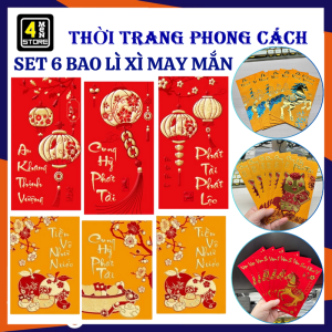 Set 6 Bao Lì Xì Tết Truyền Thống May Mắn - Bao Lì Xì Dập Chữ Nổi Họa Tiết Tài Lộc Trang Trí Tết Đẹp Mắt - Phong Lì Xì Nhung Đỏ Chữ Thếp Vàng In Kim Dập Chữ Nổi 3D Cao Cấp