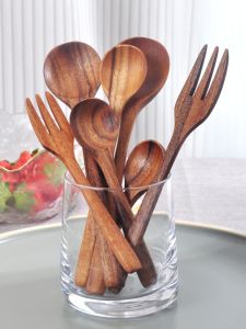 Japanese Style Mesquite Wood Spoon Fork Dining Utensils Set Home Use Unpainted Wooden Soup Spoon Long Handle Spoon Fork Restaurant