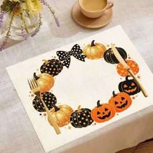 Bộ Thảm Trải Bàn Halloween VIKAMA - 2/4/6 Món Họa Tiết Bí Ngô Ma Dơi Mũ Phù Thủy Mạng Nhện Nơ Vòng Hoa Trang Trí Bàn Ăn Ma Quái Chất Liệu Polyester Không Dệt