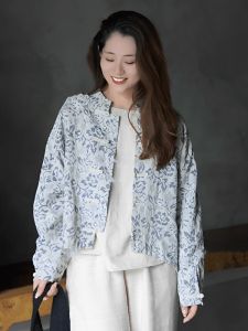 เสื้อเชิ้ตแขนยาวผู้หญิงสไตล์จีนใหม่ ฤดูใบไม้ร่วง 2025 เสื้อคลุมกันหนาวผู้หญิงระดับไฮเอนด์แบบย้อนยุคที่เข้ากันได้หลากหลาย ลายดอกไม้