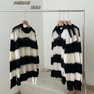 Black and White Striped Pullover Sweater Mens Autumn New round Neck Ripped Lazy Sweater Loose Thin Blouse Top