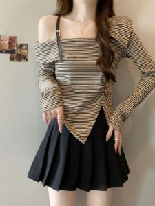 Shoulder Baring Striped Long Sleeve T Shirt Womens Autumn New Large Size Micro Plump Irregular Base Shirt Top Korean Style Loose Fit