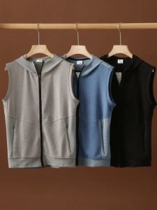 Mens Running Hooded Tank Top Elastic Sports Vest Quick Dry Sleeveless Urban Fashion Polyester Spandex Blend Standard Fit