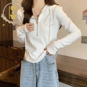 Glliya Wish Women Shirt White Semi-zippered Hooded Long Sleeves With Cropped Top Hoodies Shirts