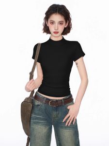 QIAOJIAOYA | Áo Thun Cổ Cao Tay Ngắn Ôm Sát