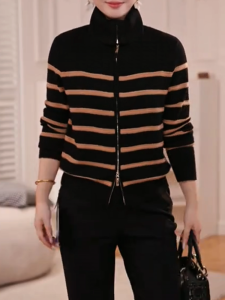 QINGNAER | Stripe Contrast Knit Cardigan Loose Fit