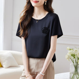 Elegant Pure Color Silk T-Shirt Womens Summer New Short Sleeve Overhead Slimming Fashion  Silk Small Shirt Straight Cut