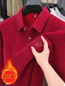 Red Fleece-Lined Thickened Knitted Sweater for Men Fashionable Urban Style Long Sleeve Collar Neck Winter New Arrival 2025