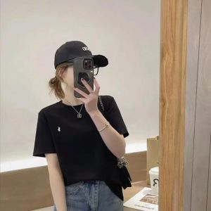 Mùa Hè Mới Thời Trang Nữ Màu Trơn Cổ Tròn Tay Ngắn Thêu Vai Trước Mỏng Áo Đạp Xe Đa Năng Phong Cách Ins