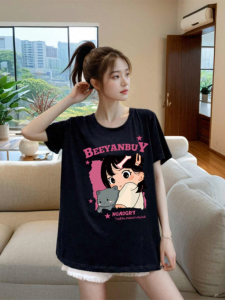 T-Shirt Wanita Lengan Pendek Hitam Motif Kartun Anak Perempuan Katun Bernapas Premium 2025