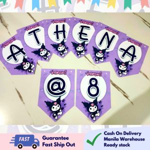 Partify KUROMI theme party banner personalized happy birthday banner with free string customizable bunting for kids boys and girls birthday wall background for girls.