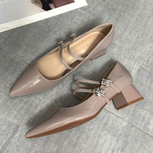 รองเท้าส้นสูง Mary Janes สีดำ ทรงหัวแหลม สำหรับผู้หญิง ฤดูใบไม้ผลิและฤดูใบไม้ร่วง รองเท้าส้นแบนหัวแหลมแบบหนังสีดำ แฟชั่นสตรีท