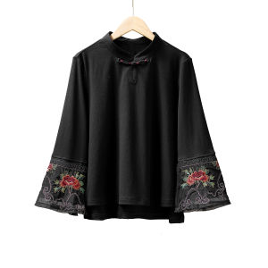 เสื้อยืดคอตตอนยืดพิมพ์ลายดอกไม้สไตล์จีนใหม่ เสื้อเชิ้ตแขนยาวทรงตรงสำหรับผู้หญิง ฤดูใบไม้ผลิและฤดูใบไม้ร่วง