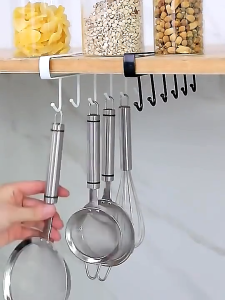 6/Hooks Cup Holder Hang Kitchen Cabinet Shelf Hanging Hook Iron Bar Shelf Storage Rack Organizer