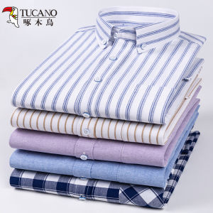 Spring Autumn Oxford Cloth Long Sleeve Cotton Shirt Casual Striped Dad Clothes Business Casual Style Comfortable Fit Mens Shirt