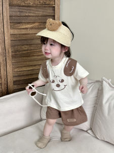 Korean Style Summer Casual Thin Short Sleeve T-Shirt Shorts Set for Boys Cute Cartoon Print Cotton Polyester Blend 2 Piece Suit