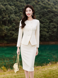 Elegant Beige Suit Set Womens Formal round Neck Blouse Speech Hostess Teacher Work Uniform Long Sleeve Polyester Spring Collection