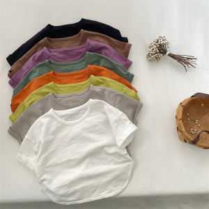 Summer Cotton T-Shirt for Kids Soft Bamboo Rayon Short Sleeve Pure Color Korean Style Baby Boys Girls Loose Fit round Neck Top