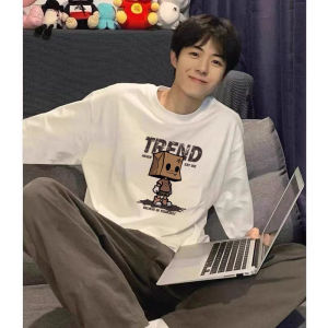 Pure Cotton Long Sleeve T-Shirt Mens Spring Autumn Loose Base Shirt Couples Casual Print Top Breathable Youth Fashion