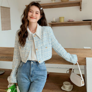 Blue Tweed Short Coat Korean Style Small Fragrance Wind Womens Fashion Spring Autumn New Arrival Ladylike Short Top