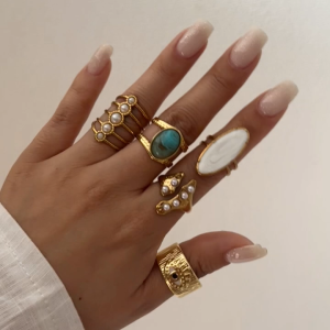 Stainless Steel Gold Plated Evil Eye Wide Ring Pearl Arrow Signet Oval Shell Turquoise Stone Multi Style Women Stackable Finger Ring