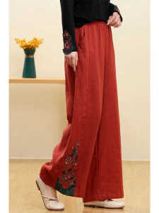 Retro Cotton Linen Ethnic Style Loose Waist Pants Summer New Arrival Side Stitched Straight Leg Pants OL Style mid Waist Long Trousers