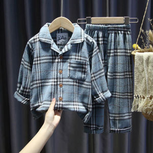 ชุดนอนผ้าฝ้ายลายสก็อตสีแดงสำหรับเด็ก ชุดนอนฤดูใบไม้ผลิและฤดูใบไม้ร่วง แขนยาว เสื้อผ้าสำหรับใส่ในบ้าน สำหรับเด็กชายและเด็กหญิง