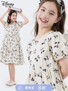 Princess Dress for Girls Summer Thin Pure Cotton Childrens Skirt Disney Brand Sweet Style Bubble Sleeve Butterfly Knot Daily Wear