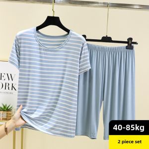 Modal Stripes Pajamas Suit Womens Summer Thin Loose Short Sleeve T-Shirt Casual Shorts Loose-Fitting Loungewear Two-piece Set