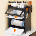 Dish Rack Cabinet with Cover 3Tiers Steel Kitchen Organizer Cabinet Drawer Metal Carbon Black. 