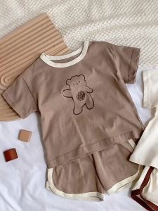 Bộ cộc tay cho bé trai bé gái in hình Gấu dễ thương Set mặc nhà mùa hè 3-16kg