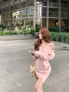 Lace Splice One Shoulder Long Sleeve Shirt Dress Womens Slim Fit Waist Short Skirt Pure Desire Wind Wrap around Skirt