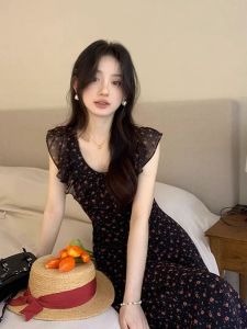 HYKY French Style Sweet First Love Floral Print Slim Fit Summer Dress Womens Short Sleeve Dress Commute Korean Version