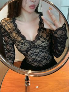 GUZILIAN | Elegant V-neck Long Sleeve Lace Hollow Out Womens Base Shirt Unique Design Sensual Feminine Flounce Sleeve Commute Style